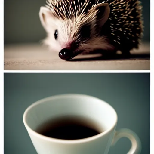 Prompt: baby hedgehog sitting in a teacup, photography, minimalistic, 8 k