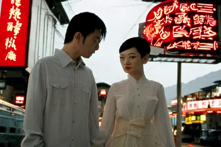 Image similar to wong kar wai love movie scene. wide angle