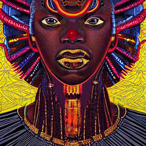 Prompt: Afrofuturism detailed aesthetic horror portrait painting titled 'Face of sadness' description 'Order of the occult zulu princess' portrait, character design, worn, dark, extremely high detail, photo realistic, pen and ink, intricate, ultra-detailed character by Mike Mignola, Fred Tomaselli, Dan Mumford, René Laloux, Jean Giraud, Mœbius, Moebius,