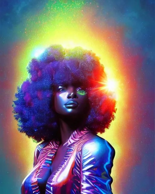 Image similar to a powerful energy psychedelic matrix afro american woman, by alexander fedosav, hyper detailed digital matte painting, concept art, hyperrealism, 1 6 k resolution, cinema 4 d, 8 k resolution, trending on artstation, behance hd, a masterpiece, by stephan martiniere, particles, cel - shaded, power bright neon energy, by david a. hardy