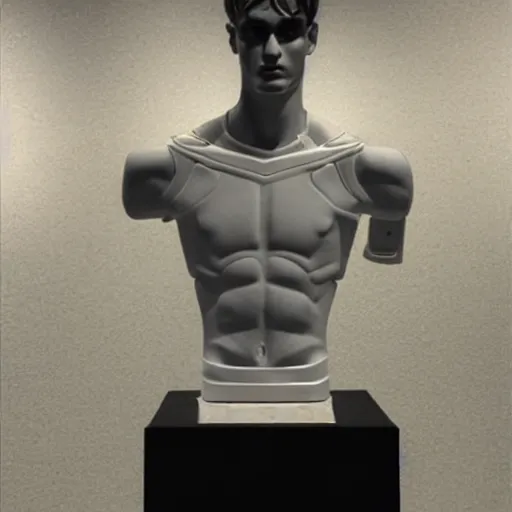 Image similar to “ a realistic detailed photo of a guy who is an attractive humanoid who is half robot and half humanoid, who is a male android, soccer player antoine griezmann, shiny skin, posing like a statue, blank stare, at the museum, on display ”