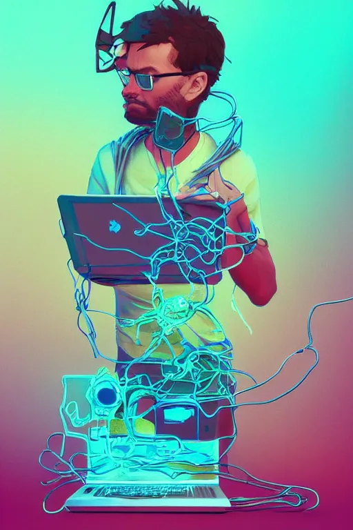 Prompt: epic 3 d abstract 🇵🇷 laptop hacker, spinning hands and feet, 2 0 mm, with teal and white peanut butter melting smoothly into asymmetrical succulents and phones, solar powered, thick wires, delicate, beautiful, intricate, houdini sidefx, trending on artstation, by jeremy mann, ilya kuvshinov, jamie hewlett and ayami kojima