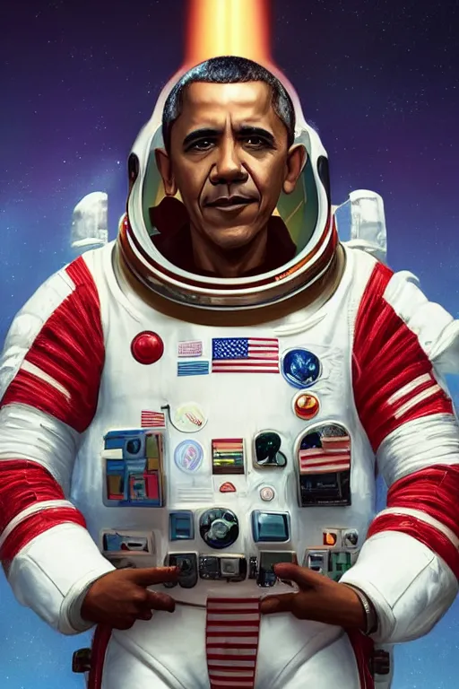 Image similar to portrait of barack obama in spacesuit, by tooth wu, wlop, beeple, dan mumford. concept art, octane render, trending on artstation, very coherent symmetrical artwork. cinematic, key art, hyper realism, high detail, octane render, 8 k, iridescent accents