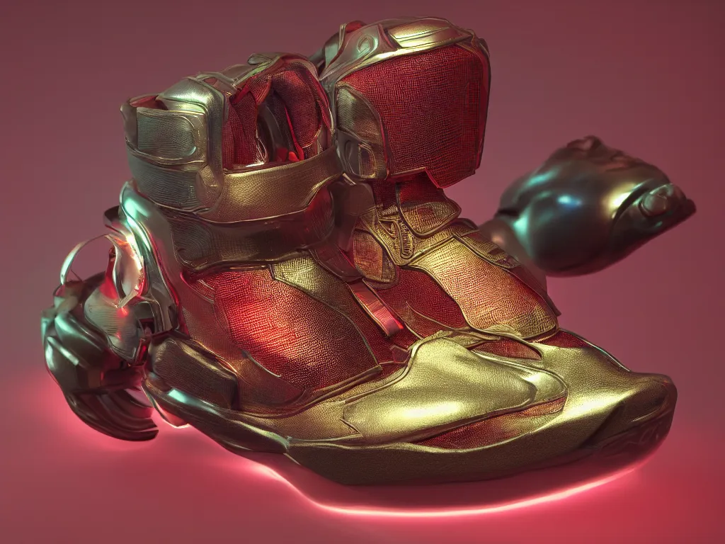 Prompt: realistic 3 d render of a cyberpunk android sneaker, beautiful studio lighting, soft, sharp focus, neon cyberpunk highlights, intricate detail, gold and red accents, soft rubber, octane render, side view, close up, trending on artstation, deviantart