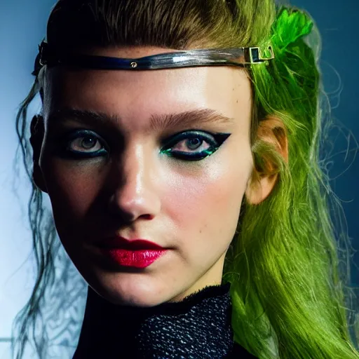 Image similar to A beautiful portrait of Daria Strokous as Poison Ivy from Batman and a model at Maybelline fashion show as a model Spring/Summer 2018, highly detailed, in the style of cinematic, Milan fashion week backstage, Extreme close up, Makeup by Pat McGrath, Hair by Guido Palau, Greg rutkowski