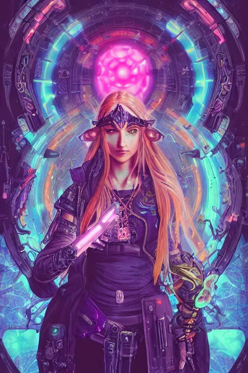 Prompt: Cyberpunk Princess Zelda, magical, Shadowrun, bright neon highlights, detailed intricate ink illustration, dark atmosphere, detailed illustration, hd, 4k, digital art, overdetailed art, concept art, by greg rutkowski, by Alfons Mucha, complementing colors, Trending on artstation, daily deviation