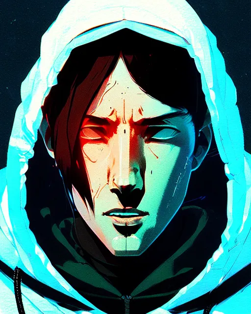 Prompt: cyberpunk synth, hyper - realistic portrait of a man in a hoodie, cyberpunk, anime style, by atey ghailan, by greg rutkowski, by greg tocchini, by james gilleard, by joe fenton, by kaethe butcher, dynamic lighting, gradient light blue, brown, cinematic lighting color scheme, sharp focus, grunge aesthetic