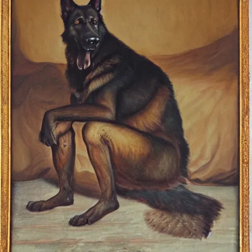 Image similar to a oil painting of a humanoid german shepherd beast - man, wearing military outfit, sitting on the carpeted floor beside a bed