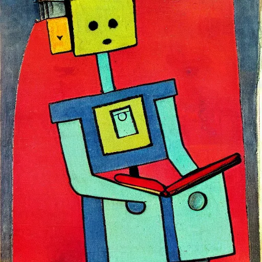 Image similar to a robot reading a book by paul klee