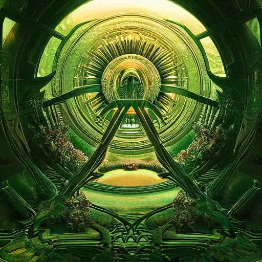 Image similar to alien sacred geometry lush nature photography cryengine render sharp focus geometric by james christensen, john stephens, moebius, victo nagi