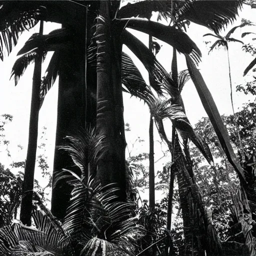 Image similar to lost film footage of a sacred surrealist totem in the middle of the tropical jungle / film still / cinematic / enhanced / 1 9 2 0 s / black and white / grain