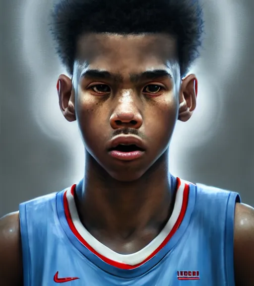 Prompt: portrait of a boy at a basketball court playing basketball wearing a basketball uniform in a basketball court, poised, intense emotion, detailed facial expression, detailed surroundings, intricate, elegant, highly detailed, centered, digital painting, artstation, concept art, smooth, sharp focus, illustration, by Peter Mohrbacher, WLOP