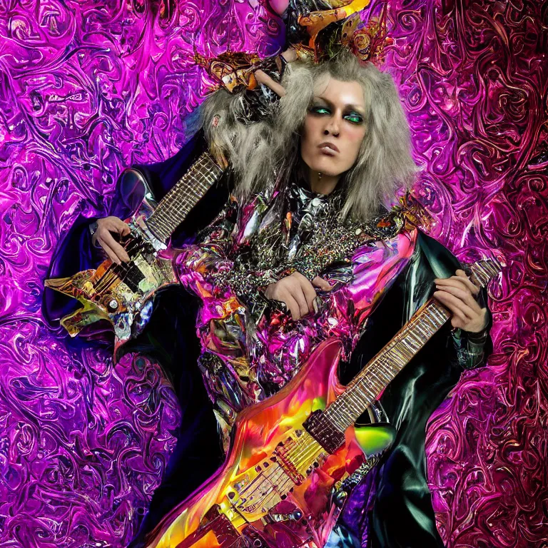 Prompt: high fashion photoshoot octane render portrait by wayne barlow and carlo crivelli and glenn fabry, a psychedelic werewolf guitar player wearing a colorful bright velvet and rhinestone glam rock outfit and holding a futuristic clear plastic fender guitar inside a futuristic beautiful boutique fantasy hotel lobby, very short depth of field, bokeh