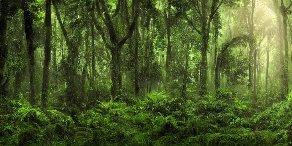 Image similar to ultra wide angle matte painting of a rainy, wet, very green congo forest, majestic!!! beautiful!!!, ethereal!!! ultra realistic, golden hour, volumetric lighting, sharp focus