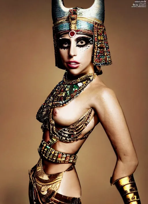 Image similar to lady gaga in an egyptian themed photoshoot, nick knight, annie leibovitz, posing, style, vogue magazine, highly realistic. high resolution. highly detailed. dramatic. 8 k. 4 k.