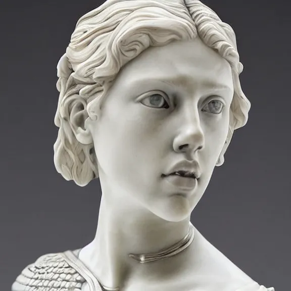 Image similar to a white art nouveau marble sculptural bust of a worried young scarlett johansson as joan of arc, with silver plate armor, delicate, intricate, smooth, beautiful, by charles van der stappen