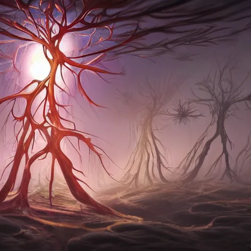 Prompt: A dendritic network of neurons coming from a large brain, concept art, by Noah Bradley