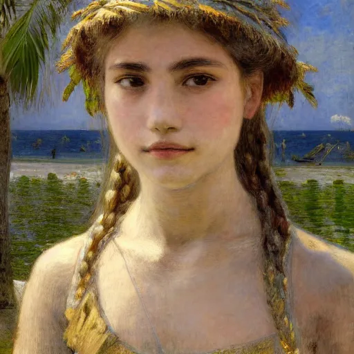 Image similar to a ultradetailed beautiful painting of a girl in the amazonas palace balustrade designed by jules bastien - lepage, hans belmer, frank weston and gustave baumann, beach, trending on artstation, mediterranean, palm trees, detailed face, sharp focus, soft light, 8 k 4 k