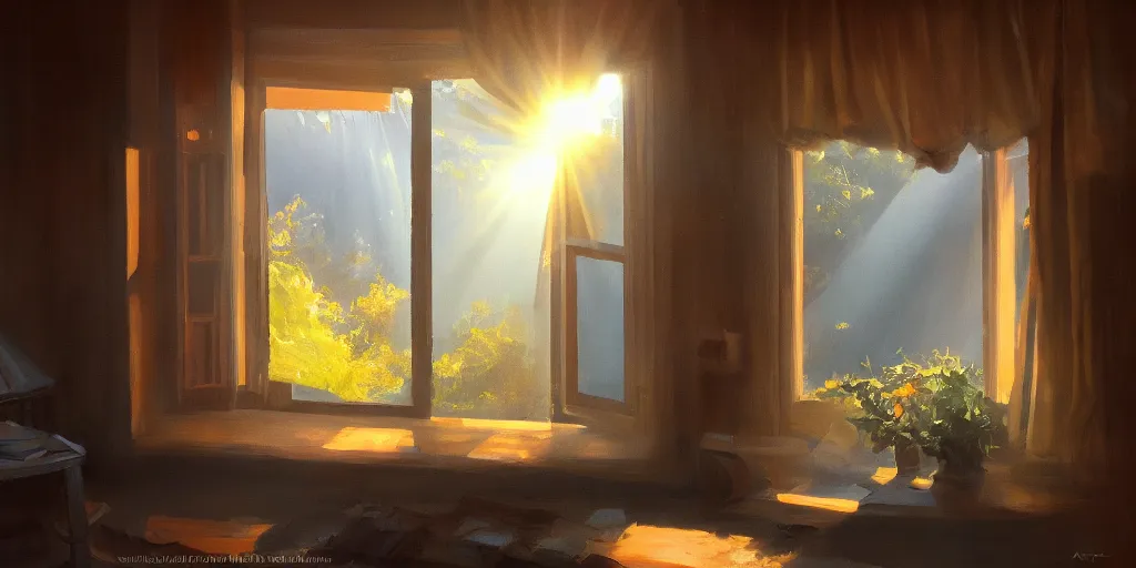 Image similar to rays of the morning sun shining through the window of the village house. very beautiful, clear sky, warm shiny colors, oil painting, high detail, trending on artstation