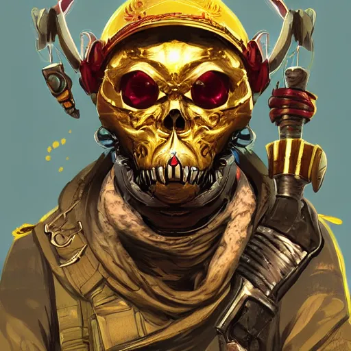 Image similar to a golden skull face monkey warrior with a ruby in his forehead, Apex Legends character digital illustration portrait design, by android jones, detailed, cone lighting, wide angle action dynamic portrait