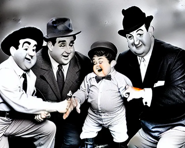 Prompt: Abbott and Costello meet a miniature Abbott and Costello