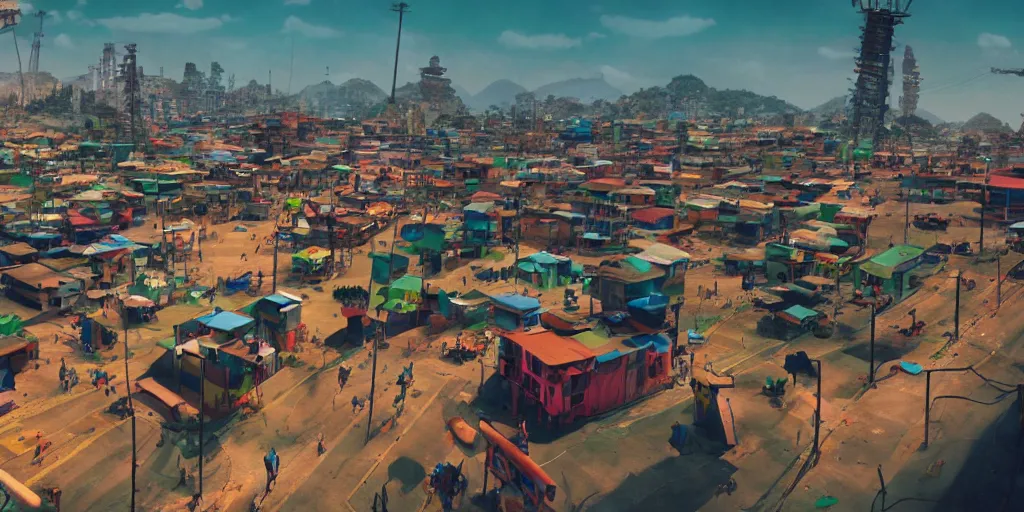 Prompt: a still from a gorillaz music video, african favela city, dramatic lighting, vibrant, 2 d game environment design, behance favourite, global illumination, bloom,