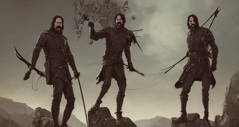 Prompt: john wick and Simon peck as medieval bowmen, standing on a gothic style castle wall, overlooking a bloody battlefield in the background, trending on artstation, artwork in style of peter mohrbacher, unreal engine, octane render, intricate details, 8k high definition, beauriful, ornate, hyperrealistic