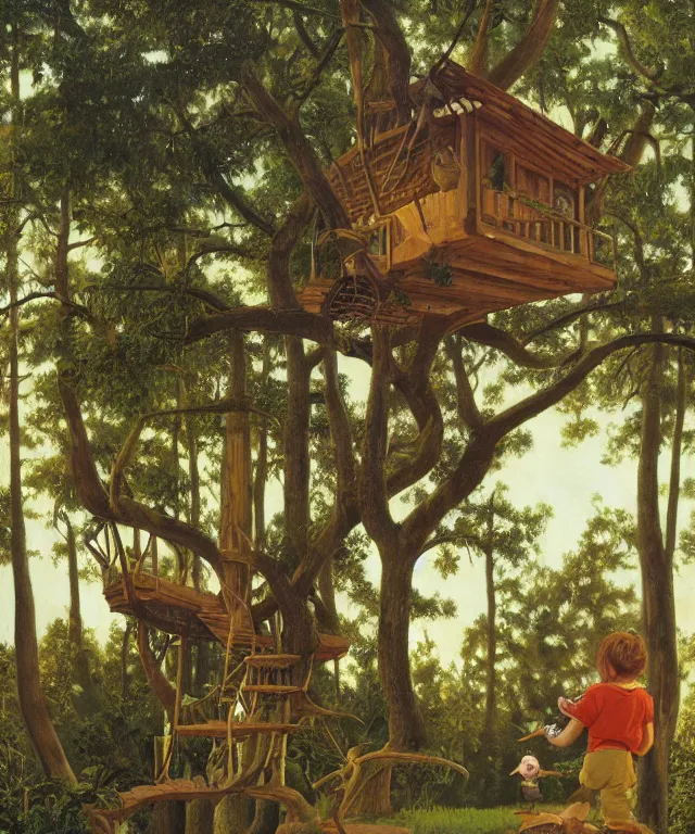 Image similar to masterful oil on canvas painting, eye - level view, shot from 5 0 feet distance, of a kid playing in a treehouse. in the background is a whimsical sparse forest. golden hour, detailed, depth, volume, chiaroscuro, quiet intensity, vivid color palette. by tex avery and gerald brom