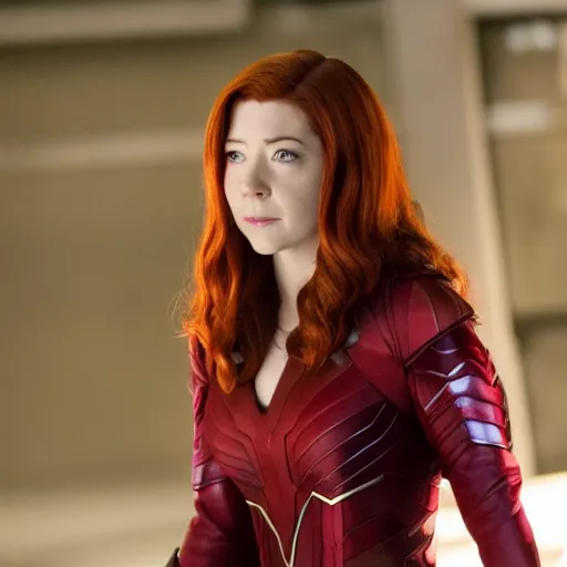 Image similar to Willow Rosenberg (Alyson Hannigan) from BtVS, as the Scarlet Witch, film still from 'Avengers Endgame'