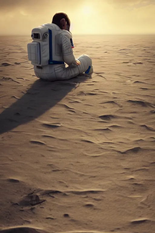 Image similar to a astronaut sitting on the beach looking to the sea at sunrise, concept art, octane render, unreal engine 5, trending on Artstation, high quality, highly detailed, 8K, soft lighting, godrays, path tracing, serene landscape, turbulent sea, high coherence, anatomically correct, hyperrealistic, sand, beautiful landscape, cinematic, clouds in the sky