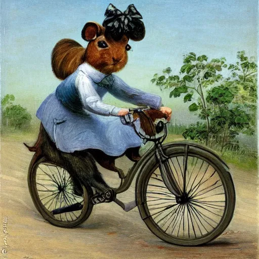Prompt: a guinea pig riding a bicycle, in the style of fanny brate