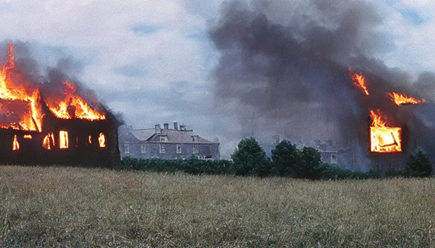 Prompt: 1 9 7 0 s movie still of a burning french style townhouse in a field, cinestill 8 0 0 t 3 5 mm, high quality, heavy grain, high detail, texture, dramatic light, ultra wide lens, panoramic anamorphic, hyperrealistic