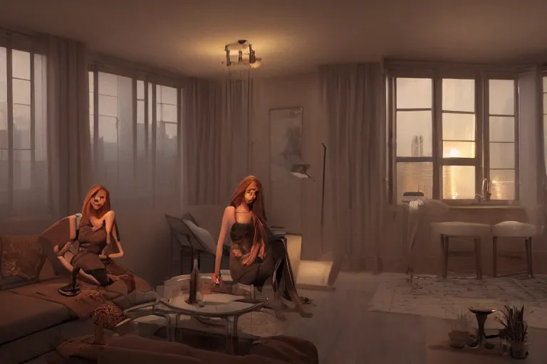 Image similar to beautiful women in the interior of a cynerpunk apartment, by Jordi Bernet, 3d scene, render, ultra realistic, ray tracing, night time, volumetric light, smoking cigarettes, artstation, cgsociety, level design, unreal engine, 3d scene, zenith view