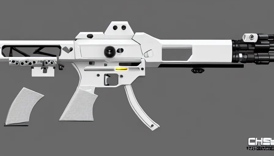 Image similar to extremely detailed ultra realistic side view photo sci fi minimalist coilgun rifle, detailed trigger, chemically propelled, electric, smooth streamline, elegant sleek smooth body, white paint, battery and wires, railgun, chemrail, gauss, smooth utopian design, ultra high quality, octane, cod, destiny, warframe, terminator