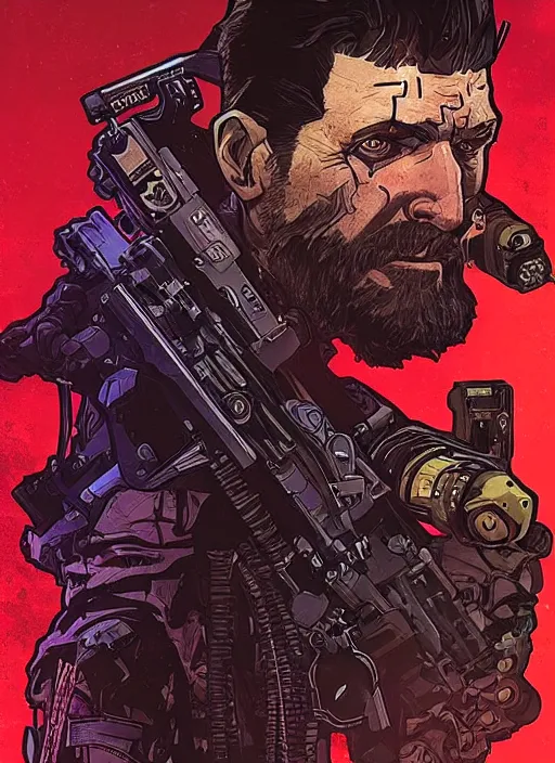 Image similar to cyberpunk blackops commander. ruggedly handsome. night vision. portrait by ashley wood and alphonse mucha and laurie greasley and josan gonzalez and james gurney. spliner cell, apex legends, rb 6 s, hl 2, d & d, cyberpunk 2 0 7 7. realistic face. dystopian setting.