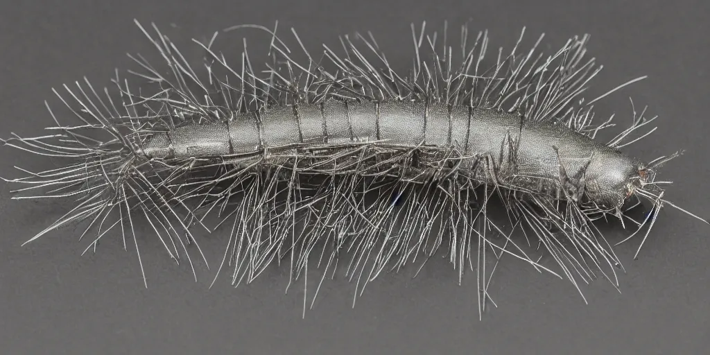 Prompt: Silverfish - stack of 15 shots in helicon focus shot with Sony A9 and Laowa 25mm 2.5-5x at 2.5x, 1_200s, f8 and ISO8000 on black acrylic in black background