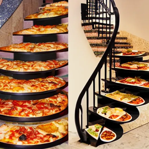 Prompt: m c esher staircase made of pizza