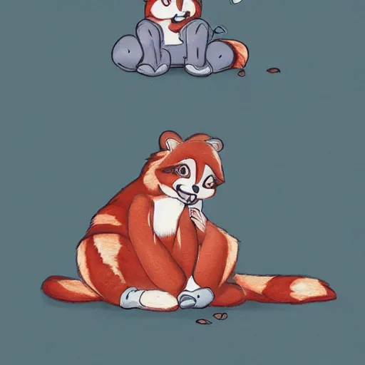 Image similar to cute cartoon drawing of a female anthro red panda waking up from bed yawning and stretching, trending on artstation