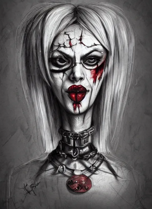 Image similar to surrealism grunge cartoon portrait sketch of harley quinn, by michael karcz, loony toons style, freddy krueger style, horror theme, detailed, elegant, intricate