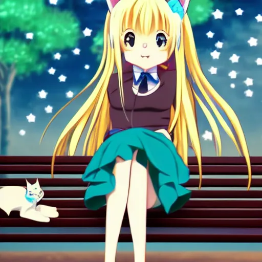 Image similar to picture of an anime girl with cat ears and long blond hair looking to her side, sitting on a bench with a park behind her, bokeh, anime art style, highly detailed, cartoon, cel - shaded, colorful, animated, trending