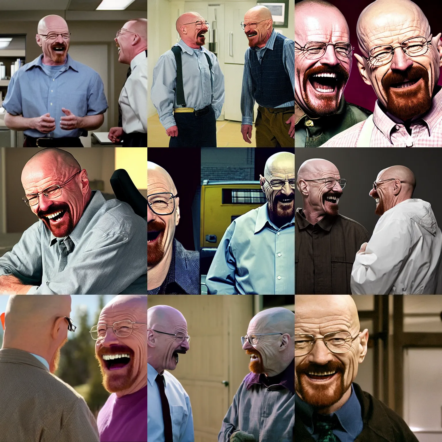 Prompt: walter white and grimace laughing