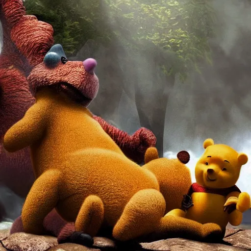 Image similar to winnie the pooh in the movie godzilla, cinematic, volumetric lighting, realistic, hyperdetailed, photorealistic, photograph