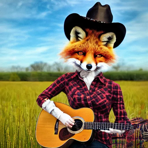 Image similar to a female fluffy anthropomorphic fox animal, head of fox, wearing cowboy hat, wearing plaid shirt, playing guitar, in a field, barn in background, album cover style