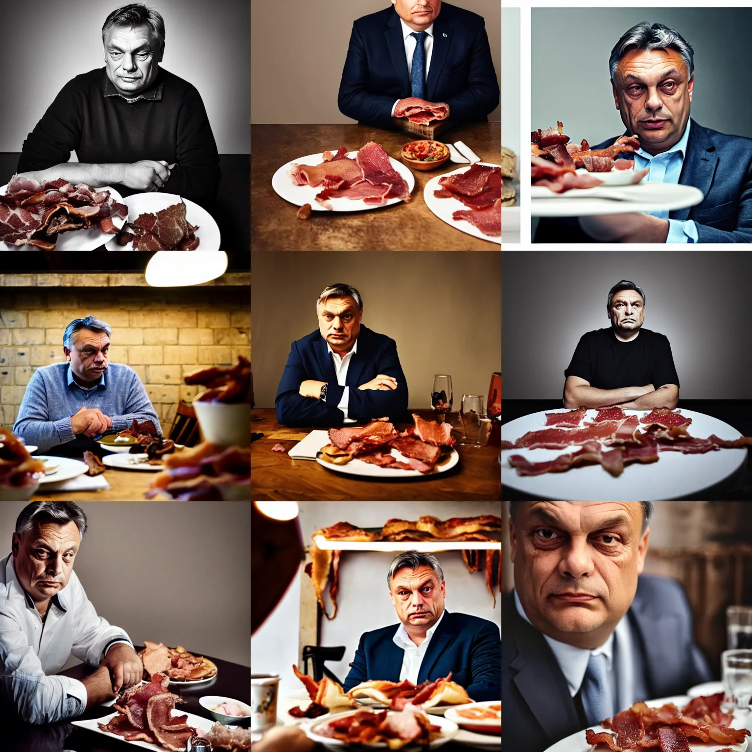 Prompt: low angle close - up of haunting viktor orban sitting behind a table full of bacon, bokeh, studio lighting, editorial fashion photography from vogue magazine