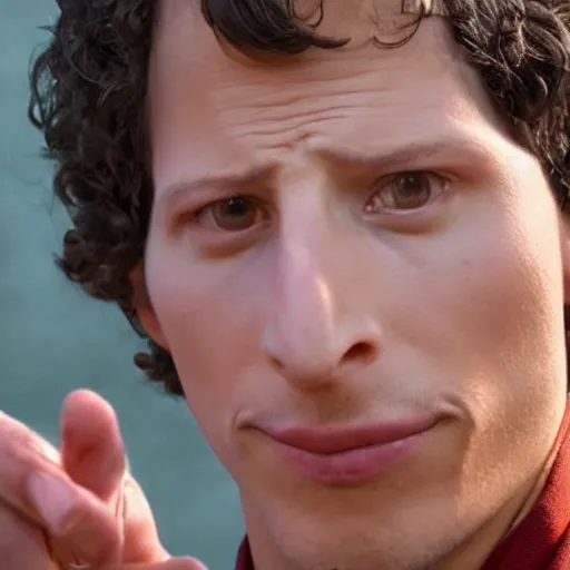 Prompt: perfect shot of detailed face and realistic eyes of andy samberg as an ascetic monk meditating