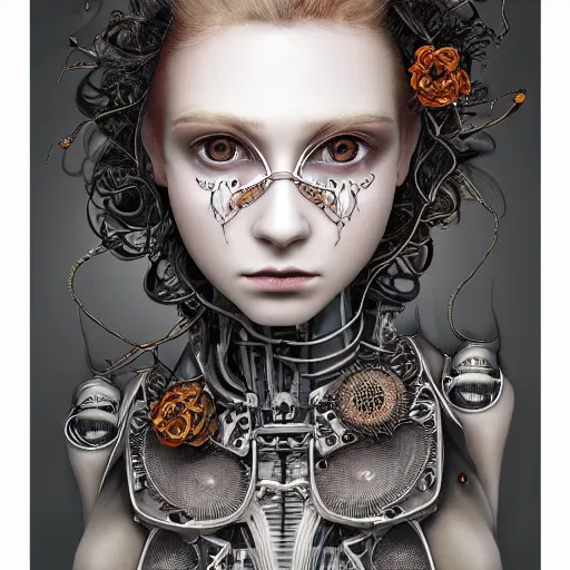 Prompt: stunning hyperdetailed upclose symmetrical portrait of 2 0 year old caucasian cyborg girl with translucent porcelain skin, lush thick hair, big electric eyes, ultra detailed ornate neon wire lacing, ultra detailed steampunk cyborg implants, complex white nano mechanical flowers, micro detail, by satoshi kon, sharp focus, trending on artstation hq, deviantart, pinterest, 8 k