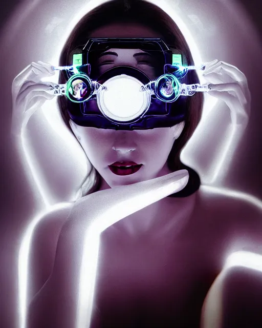 Image similar to centered portrait of soulful young elizabeth taylor as a solarpunk mecha humanoid robotic parts wearing crystal goggles with bright led lights, real human face, pudica gesture bouguereau style, in white room, ultra - realistic and intricate, soft portrait shot 8 k
