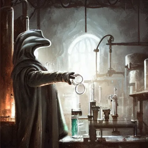 Prompt: medieval fantasy alchemist wearing a plague doctor mask working in laboratory, oil painting, by Greg Rutkowski