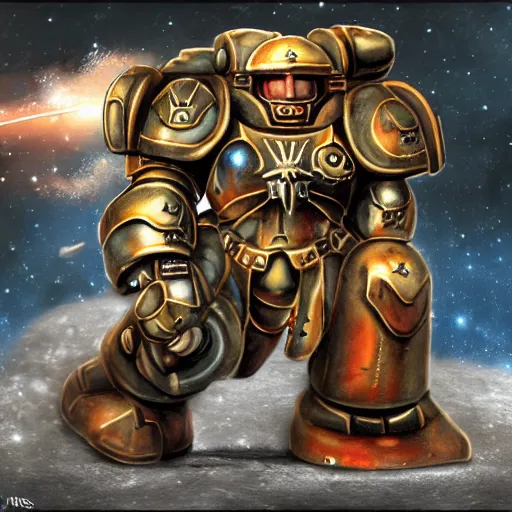 Image similar to fisher price warhammer space marine armor dynamic pose deviantart 4 k high detailed