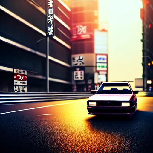 Image similar to a car drifting JZX100 in middle of road, shibuya prefecture, city sunset, cinematic color, photorealistic, highly detailed, bokeh, DOF, octane render